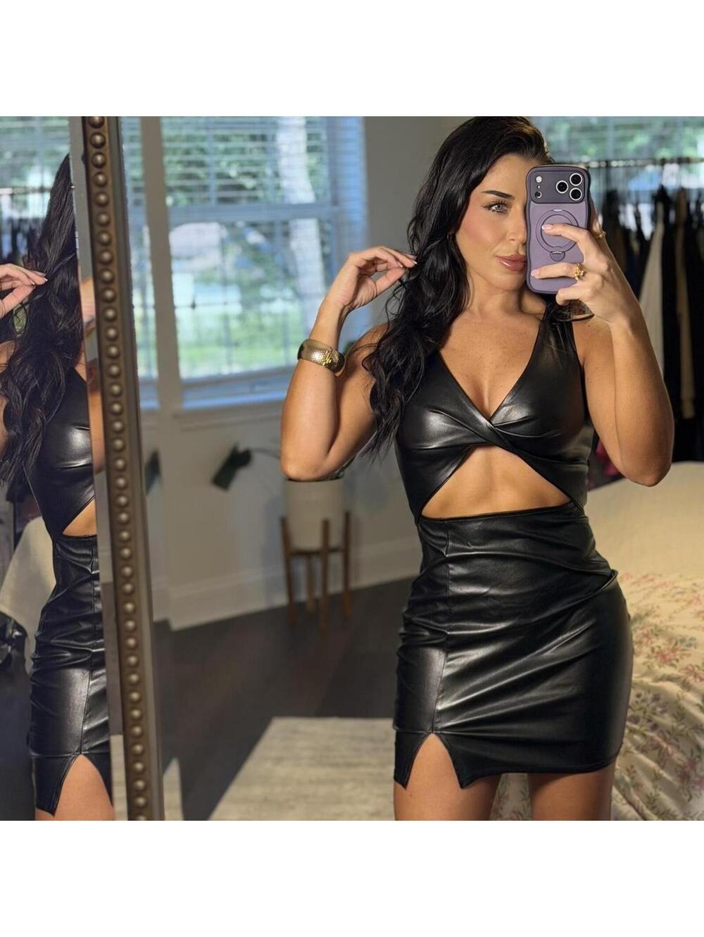 Faux Leather Cutout Mini Dress Y2K Clubbing Night Out Bodycon Dress